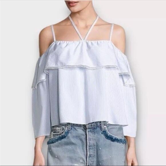 Jonathan Simkhai Top Sz XS Striped Ruffle Off The Shoulder 3/4 Sleeve Blue White - Picture 1 of 10